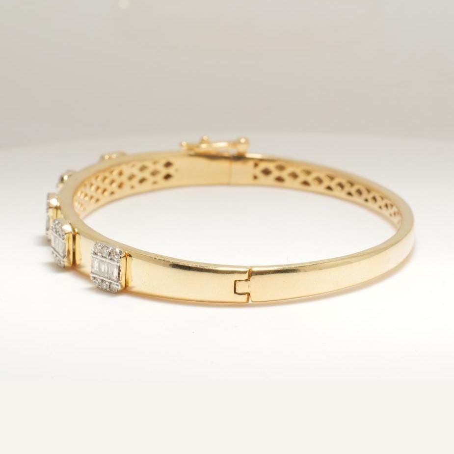 Bar Diamond Bangle Bracelet, 14k Solid Gold, Natural Diamonds, Baguette Illusion Set Cuff, Geometric Cluster Statement Bracelet