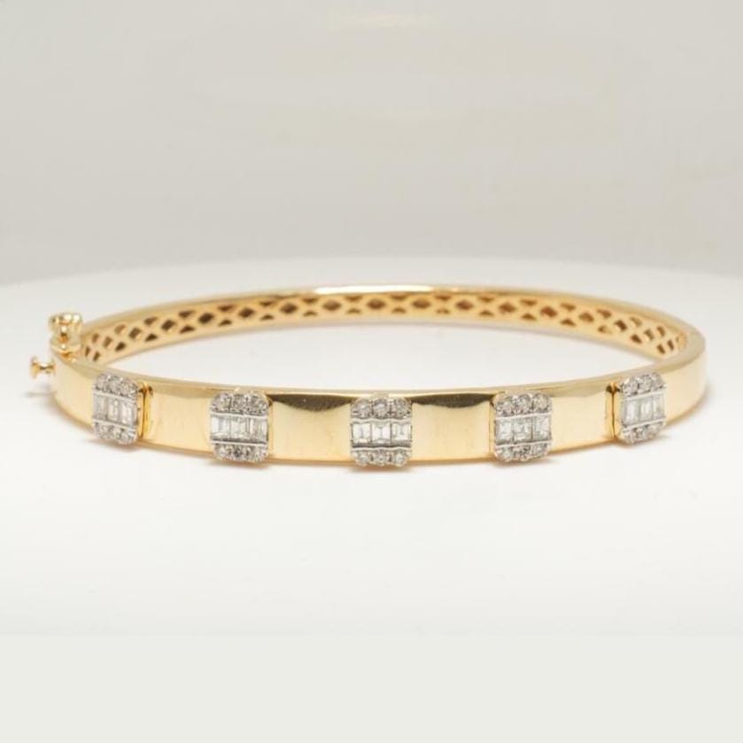 Bar Diamond Bangle Bracelet, 14k Solid Gold, Natural Diamonds, Baguette Illusion Set Cuff, Geometric Cluster Statement Bracelet