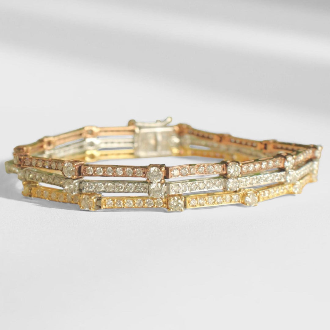 Trinity Diamond Tennis Bracelet, 14k Solid Gold, Natural Diamonds, Stacking Statement Bracelet, Three Tone Bracelet, Eternity Bracelet