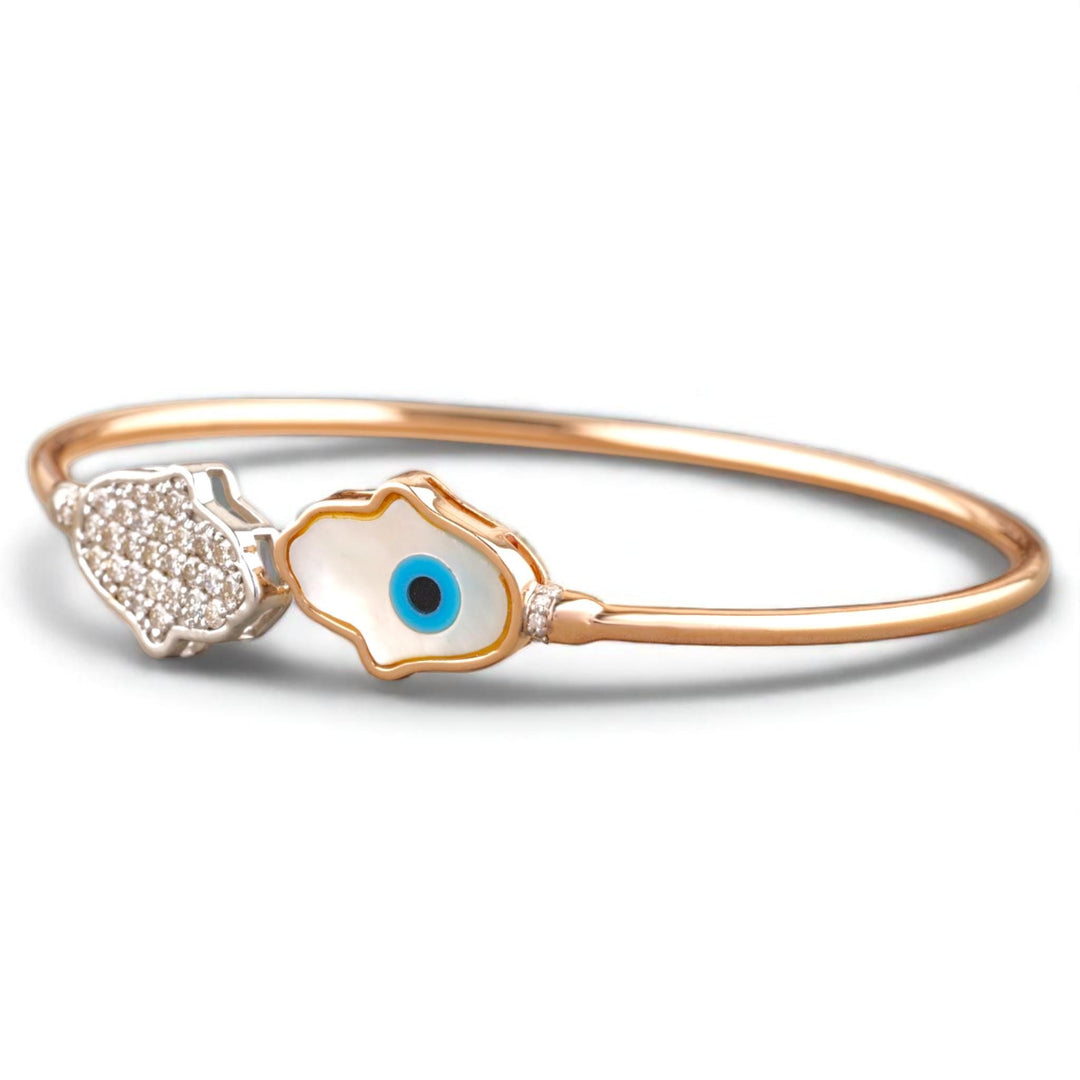 Hamsa Evil Eye Cuff Bracelet, 14k Solid Gold, Natural Diamonds, Open Cuff Bracelet, Mother of Pearl Jewelry, Stackable Minimalistic Bracelet