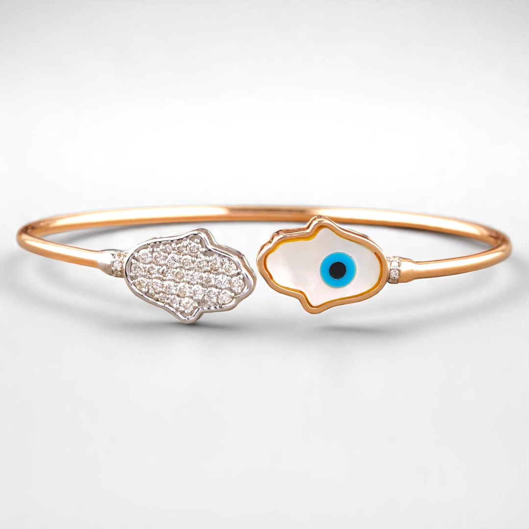 Hamsa Evil Eye Cuff Bracelet, 14k Solid Gold, Natural Diamonds, Open Cuff Bracelet, Mother of Pearl Jewelry, Stackable Minimalistic Bracelet