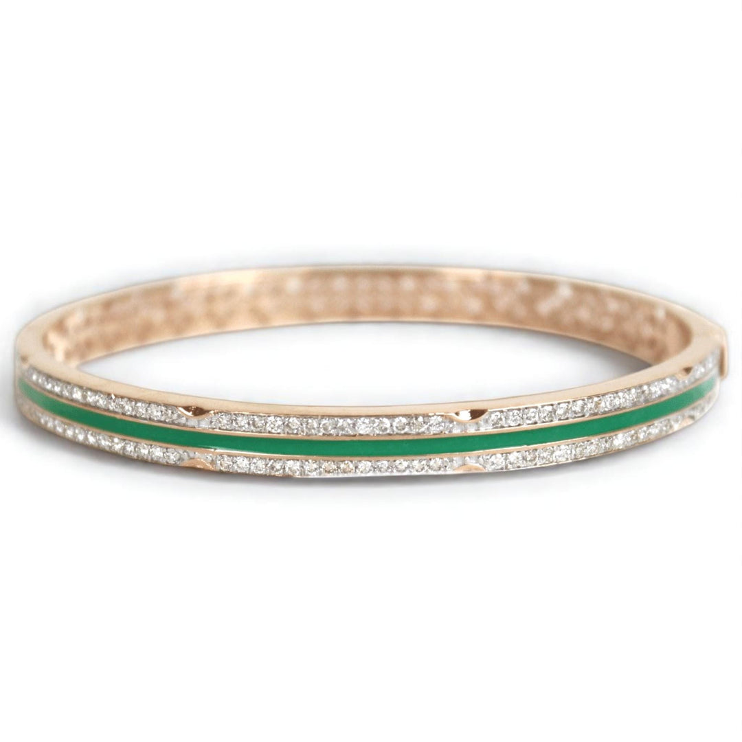 Green Enamel Diamond Bangle Bracelet, 14k Solid Gold, Natural Diamonds, Statement Cuff Jewelry, Minimalistic Stackable Bangle