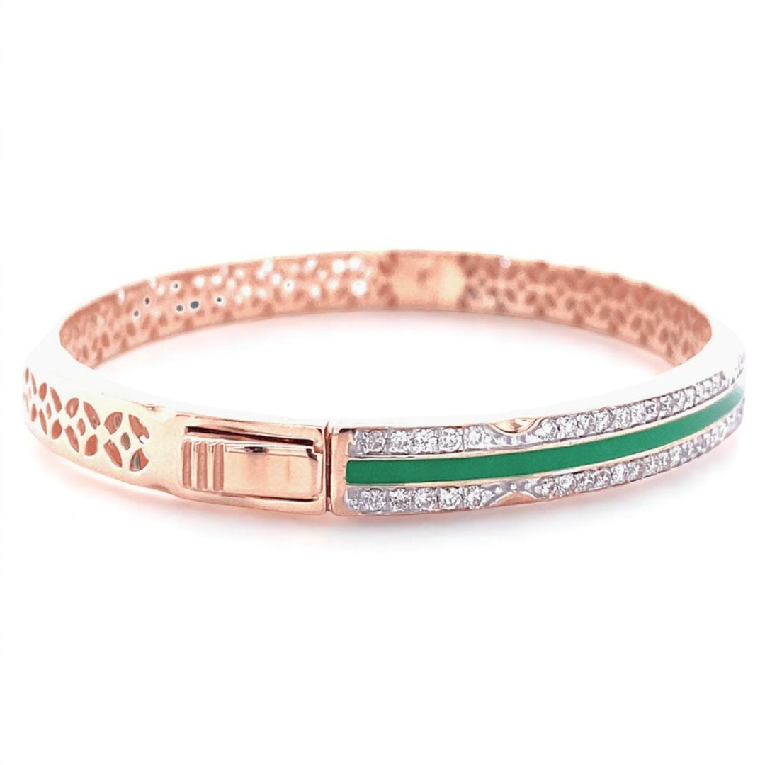 Green Enamel Diamond Bangle Bracelet, 14k Solid Gold, Natural Diamonds, Statement Cuff Jewelry, Minimalistic Stackable Bangle