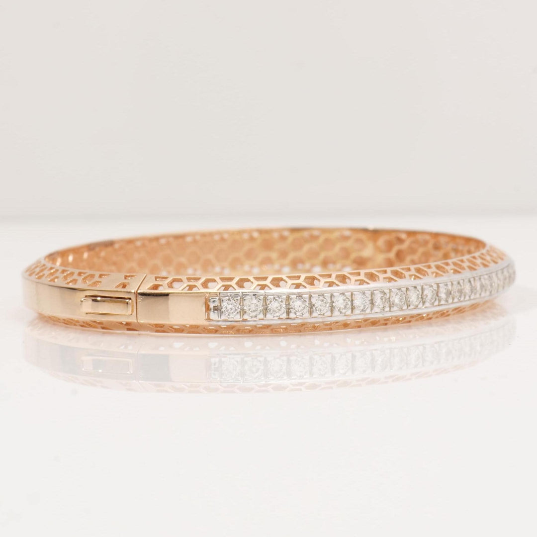 Filigree Natural Diamond Channel Bangle Bracelet: 14k Solid Gold Wedding Statement Jewelry, HRD Certified, Ready To Ship