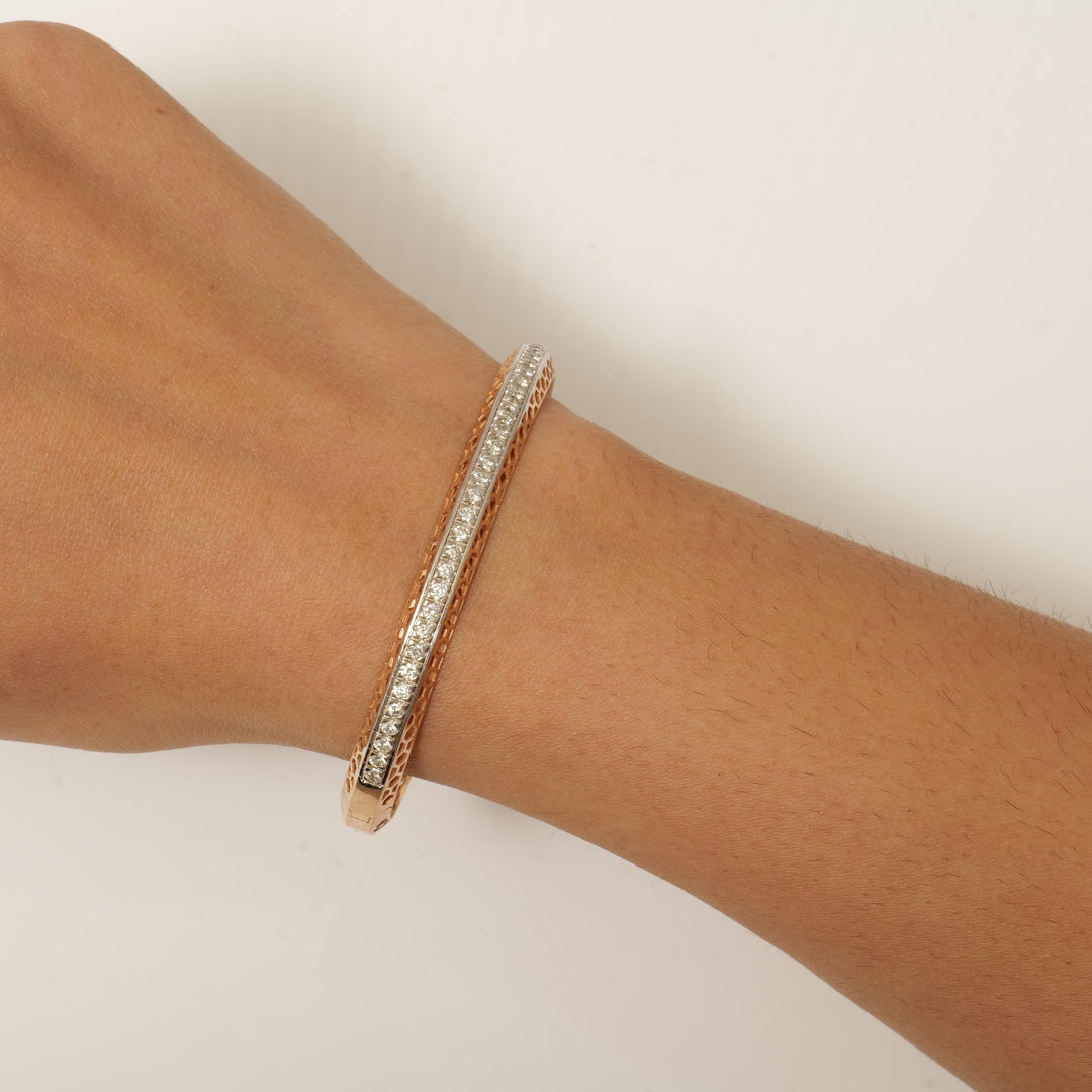 Filigree Natural Diamond Channel Bangle Bracelet: 14k Solid Gold Wedding Statement Jewelry, Certified Jewelry