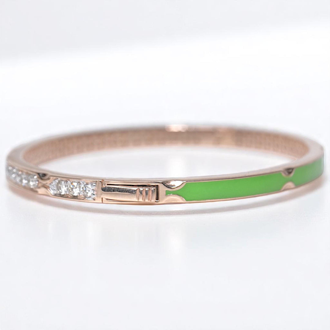 Green Enamel Natural Diamond Bracelet: 14k Solid Gold Minimalistic Bangle Jewellery, Certified Jewelry