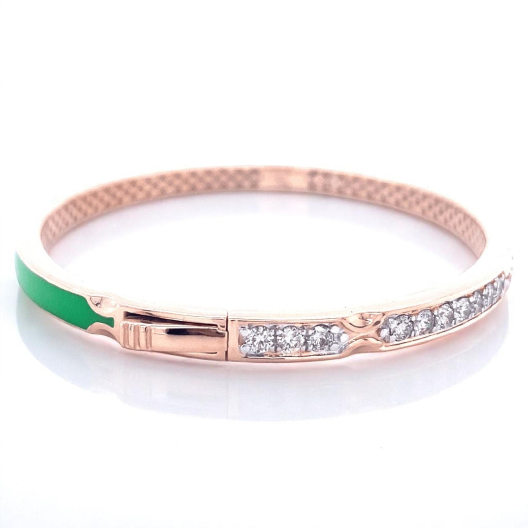 Green Enamel Natural Diamond Bracelet: 14k Solid Gold Minimalistic Bangle Jewellery, Certified Jewelry