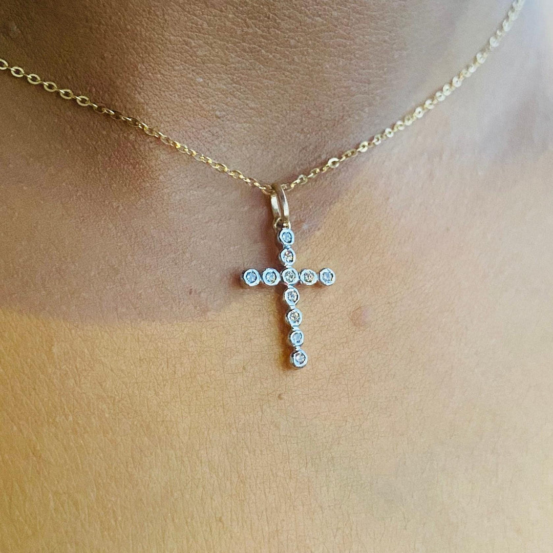 Diamond Cross Pendant, 14k Solid Gold, Natural Diamonds, Bezel Set Religious Jewelry, Everyday Minimalist Necklace With Adjustable Chain