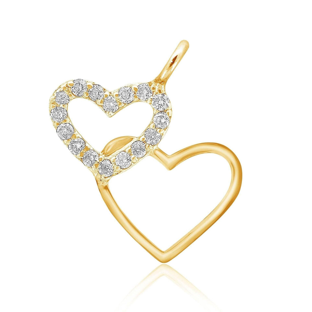 Double Heart Gold Charm Pendant, 14k Solid Gold, Natural Diamonds, Intertwined Love Necklace, Everyday Minimalist Jewelry