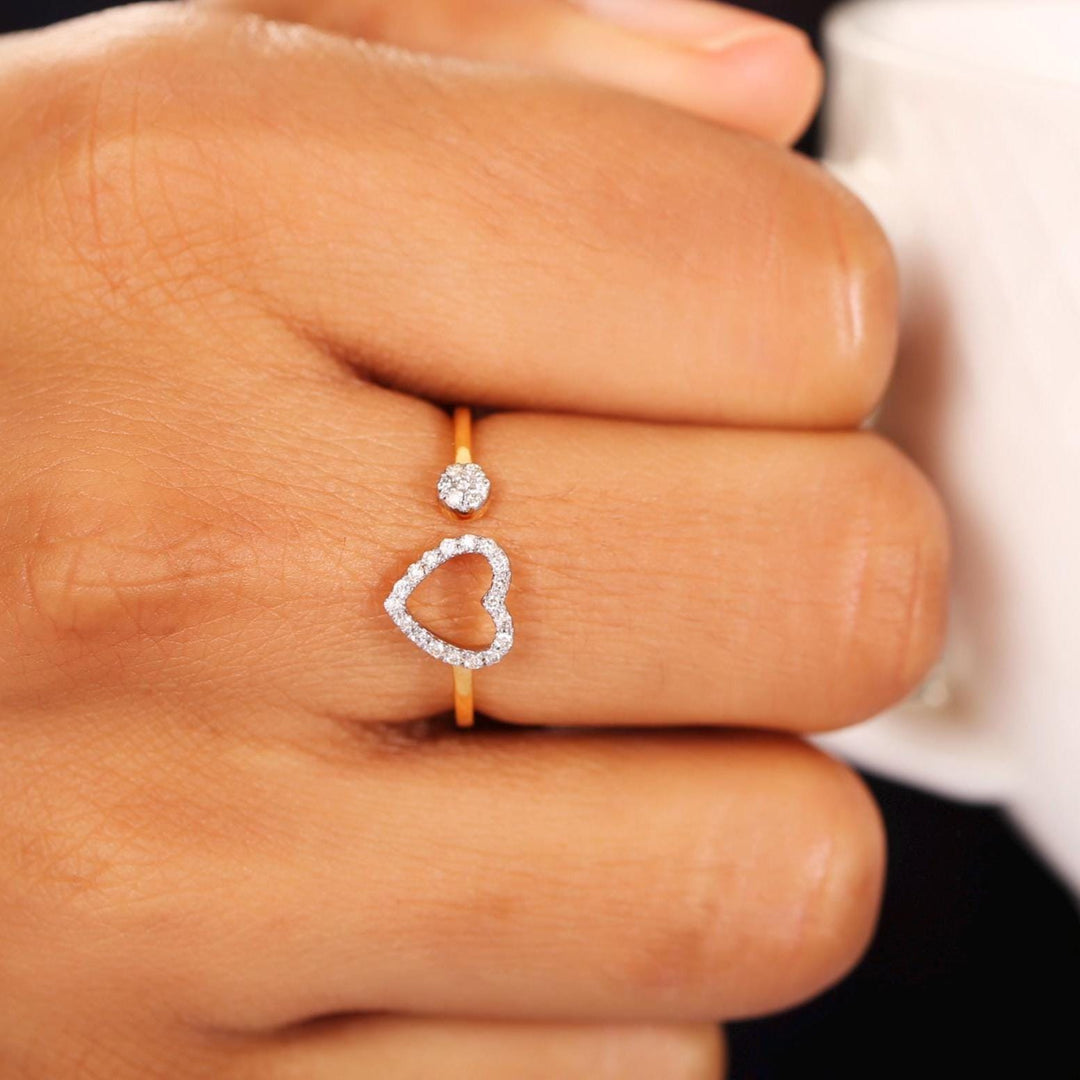 Open Heart Diamond Ring, 14k Solid Gold, Natural Diamonds, Proposal Open Cuff Ring, Everyday Stackable Jewelry, Minimalist Two Toned Ring