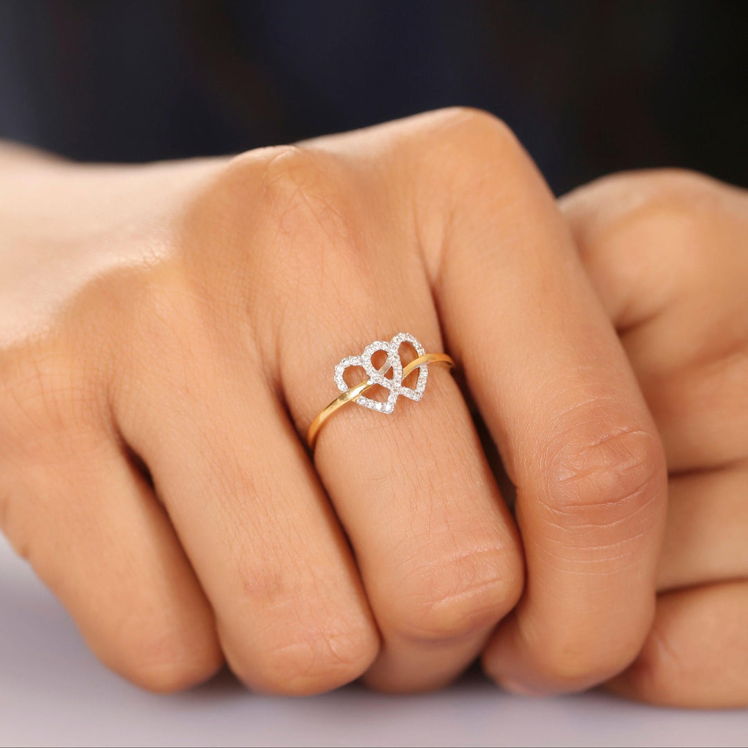 Double Heart Diamond Ring, 14k Solid Gold, Natural Diamonds, Proposal Ring, , Everyday Jewelry Gift For Her