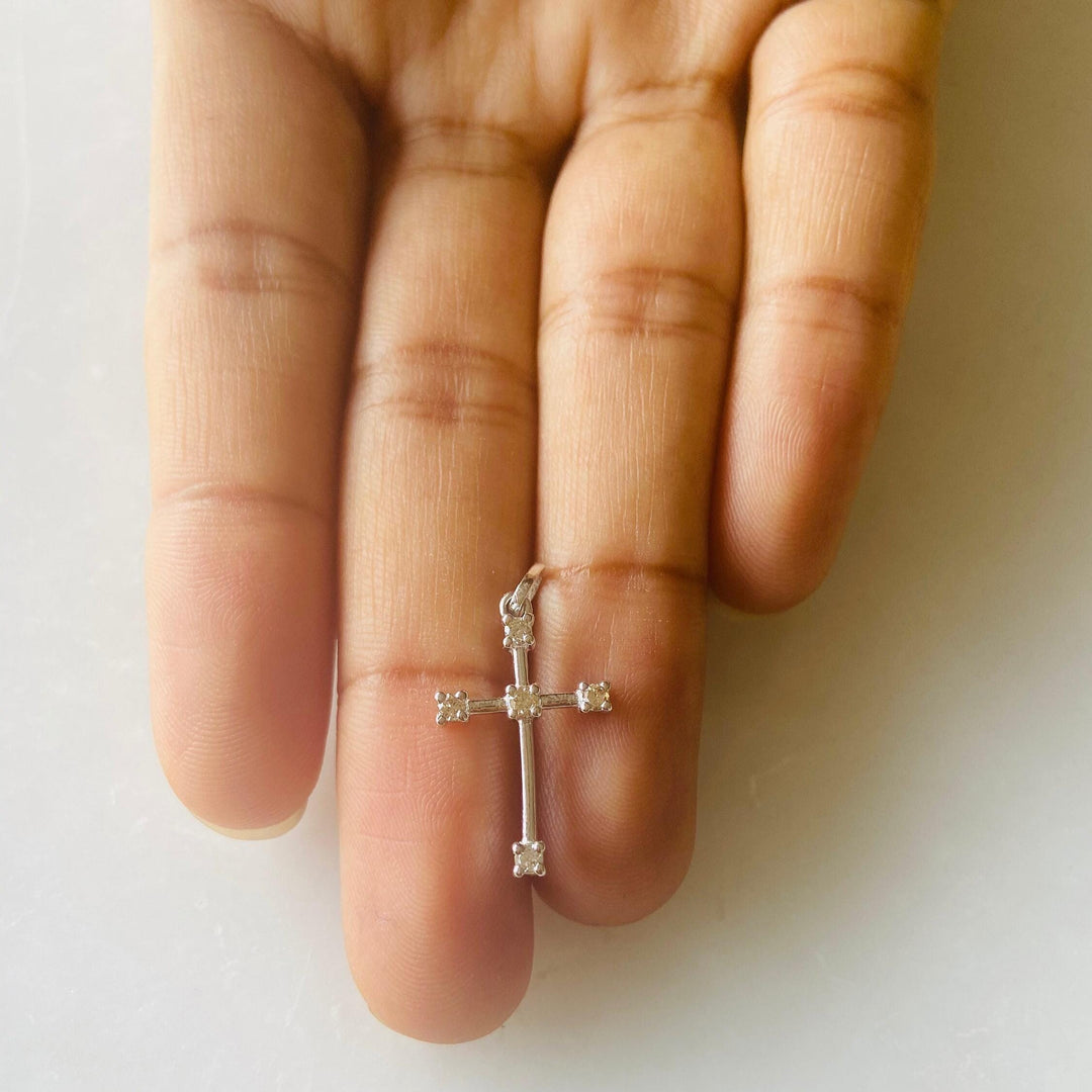 Cross Natural Diamond Half Bezel Set Pendant: 14k Solid Gold Communion Jewellery, Certified Jewelry