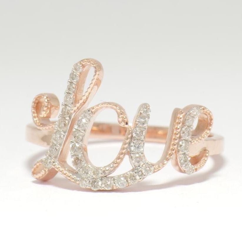 Diamond Love Ring, 14K Solid Gold, Proposal Ring, Natural Diamonds, Script Word Letter Ring, Romantic Statement Jewelry, Gift For Her