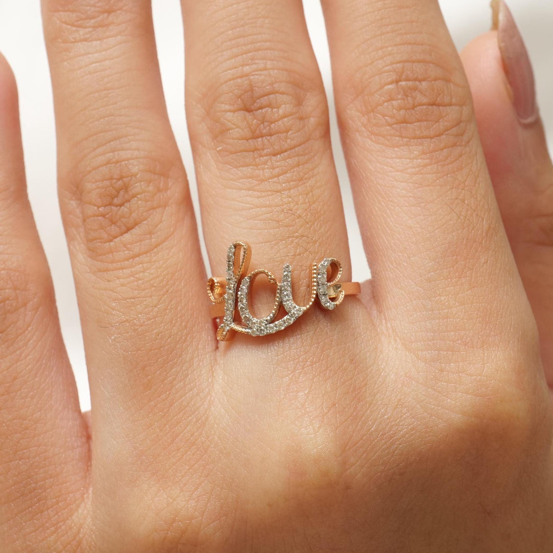 Diamond Love Ring, 14K Solid Gold, Proposal Ring, Natural Diamonds, Script Word Letter Ring, Romantic Statement Jewelry, Gift For Her