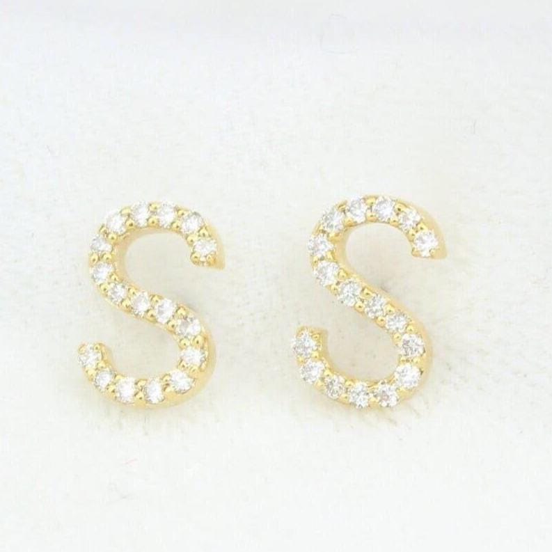 S-Initial Stud Earrings, 14K Solid Gold, Natural Diamond Letter Earrings, Gift for Her, Monogram Personalized Jewelry, Custom Pave Studs