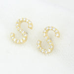 Load image into Gallery viewer, S-Initial Stud Earrings, 14K Solid Gold, Natural Diamond Letter Earrings, Gift for Her, Monogram Personalized Jewelry, Custom Pave Studs
