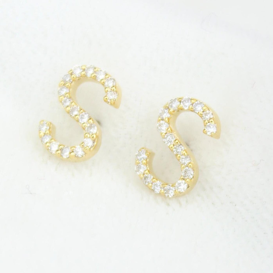 S-Initial Stud Earrings, 14K Solid Gold, Natural Diamond Letter Earrings, Gift for Her, Monogram Personalized Jewelry, Custom Pave Studs
