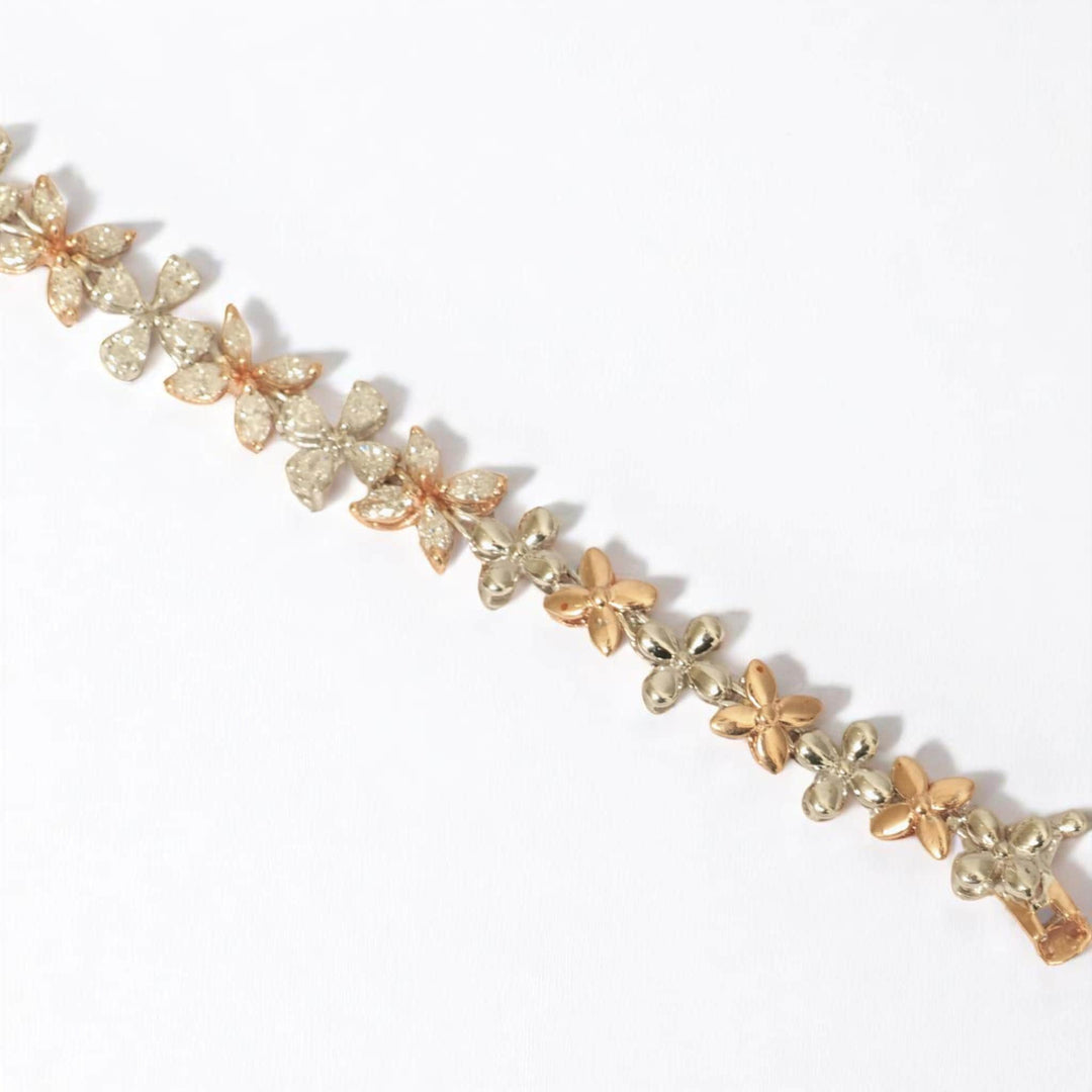 Floral Link Natural Diamond Tennis Bracelet; 14k Solid Gold Two-Toned Flower Jewellery, Certified Jewelry