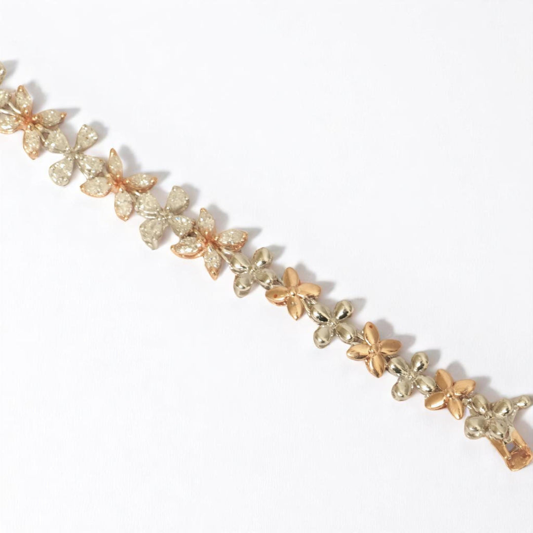 Floral Link Diamond Tennis Bracelet, 14k Solid Gold, Fancy Natural Diamonds, Two-Toned Bracelet, Stackable Statement Jewelry