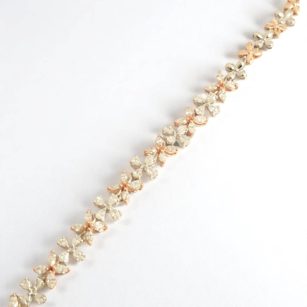 Floral Link Natural Diamond Tennis Bracelet; 14k Solid Gold Two-Toned Flower Jewellery, Certified Jewelry