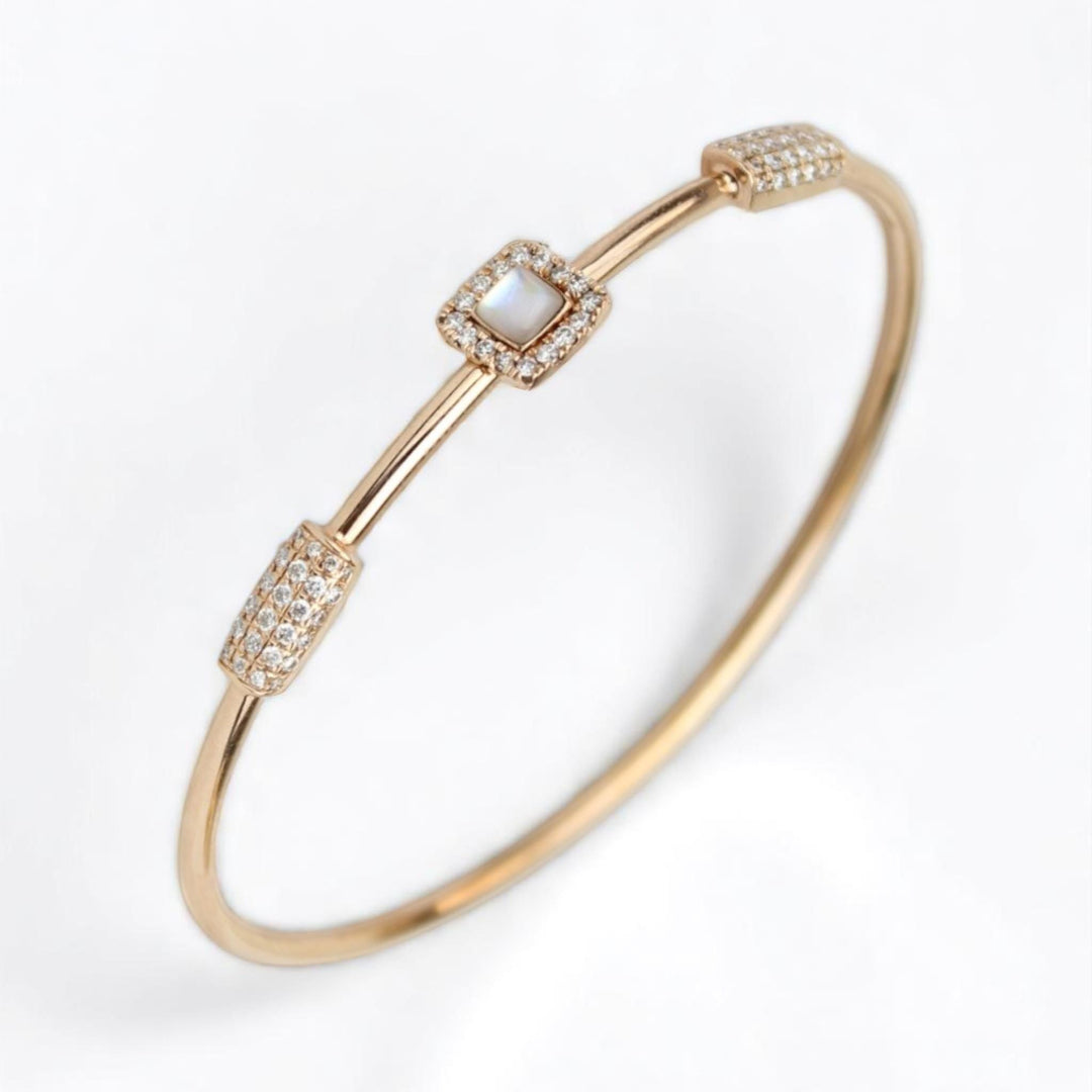Geometric Diamond Cuff Bracelet, 14k Solid Gold, Natural Diamonds, Mother Of Pearl Open Stackable Bracelet, Dual Styling Statement Jewelry