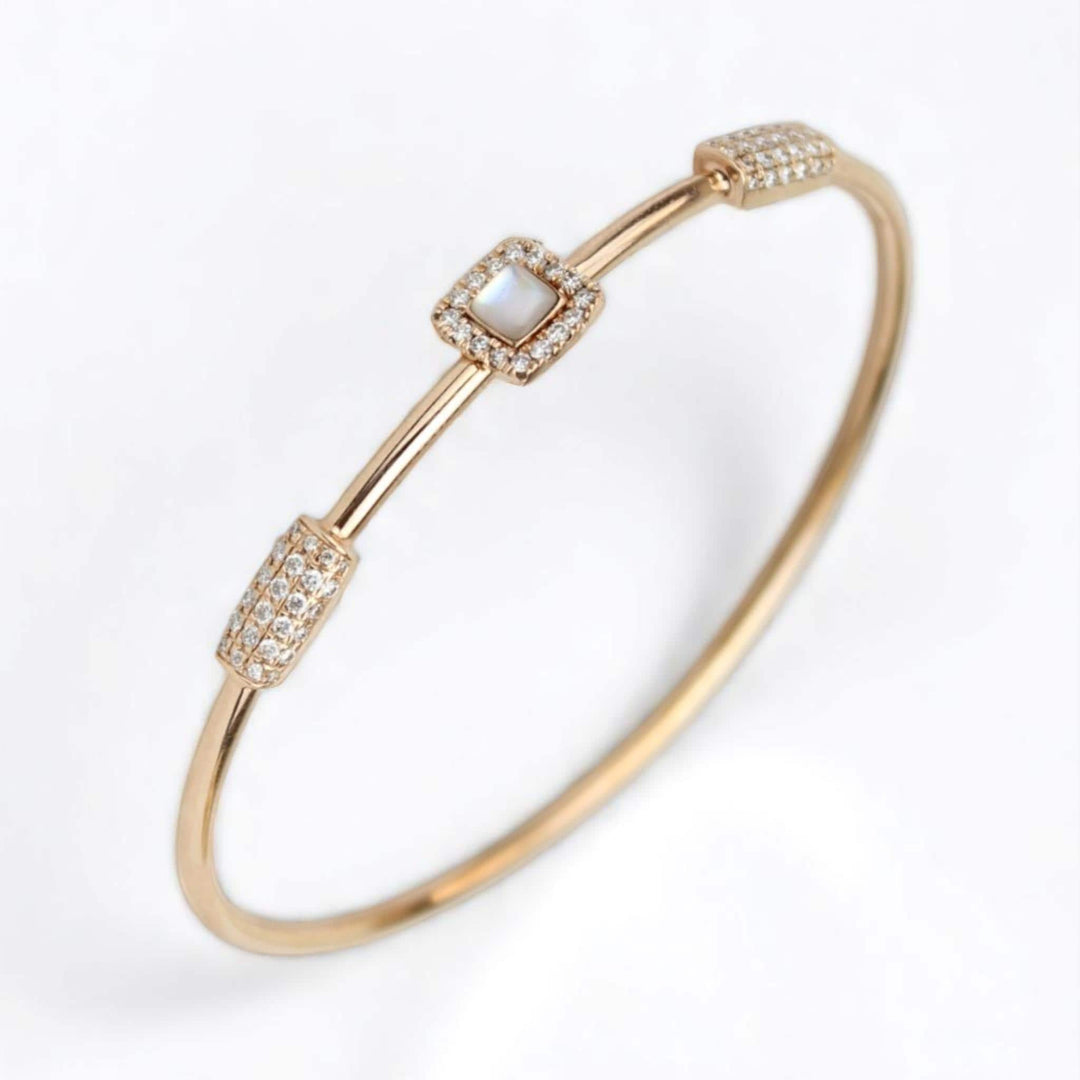 Geometric Natural Diamond Open Cuff Bracelet: 14k Solid Gold Mother Of Pearl Dual Styling Jewellery, Certified Jewelry