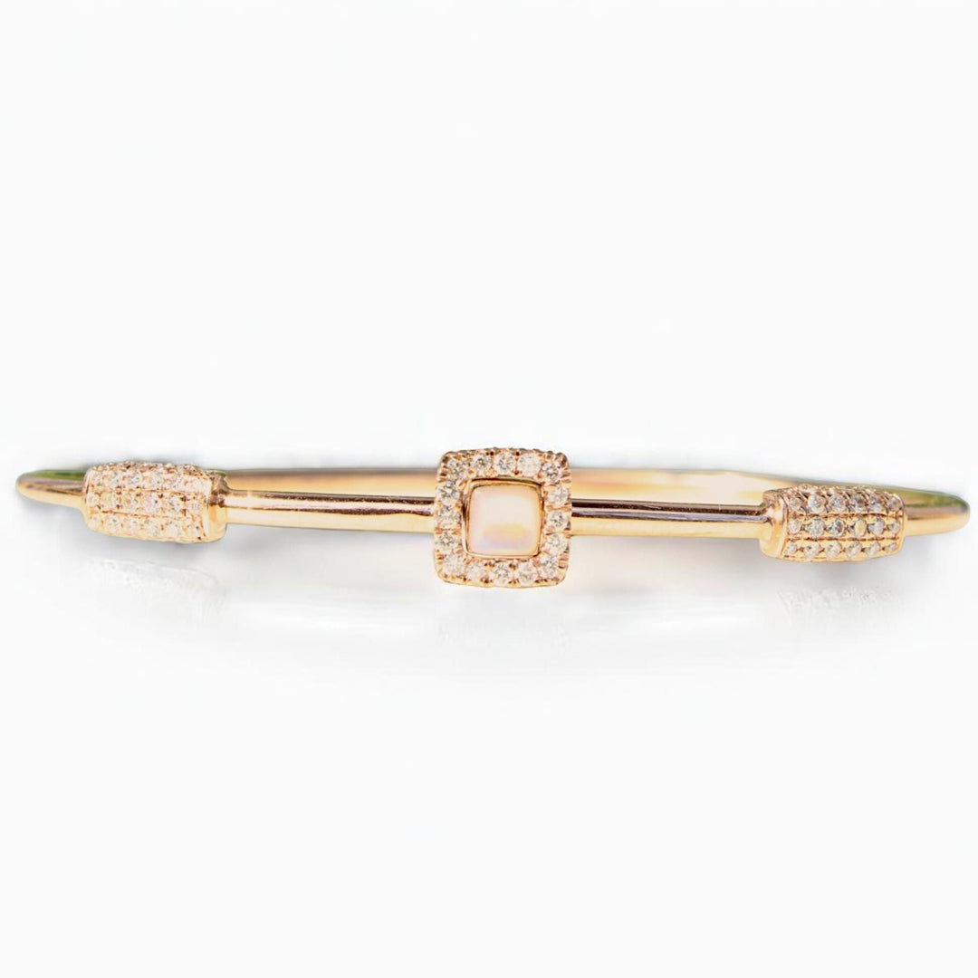 Geometric Diamond Cuff Bracelet, 14k Solid Gold, Natural Diamonds, Mother Of Pearl Open Stackable Bracelet, Dual Styling Statement Jewelry
