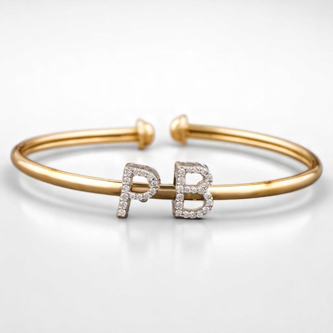 Initials Natural Diamond Open Cuff Bracelet: 14k Solid Gold Personalized Letter Jewellery, Certified Jewelry