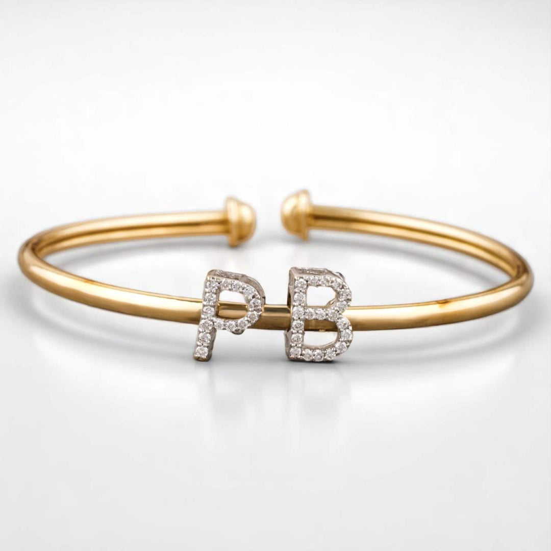 Initials Diamond Open Cuff Bracelet, 14k Solid Gold, Natural Diamonds, Personalized Letter Bracelets, Statement Stacking Jewelry