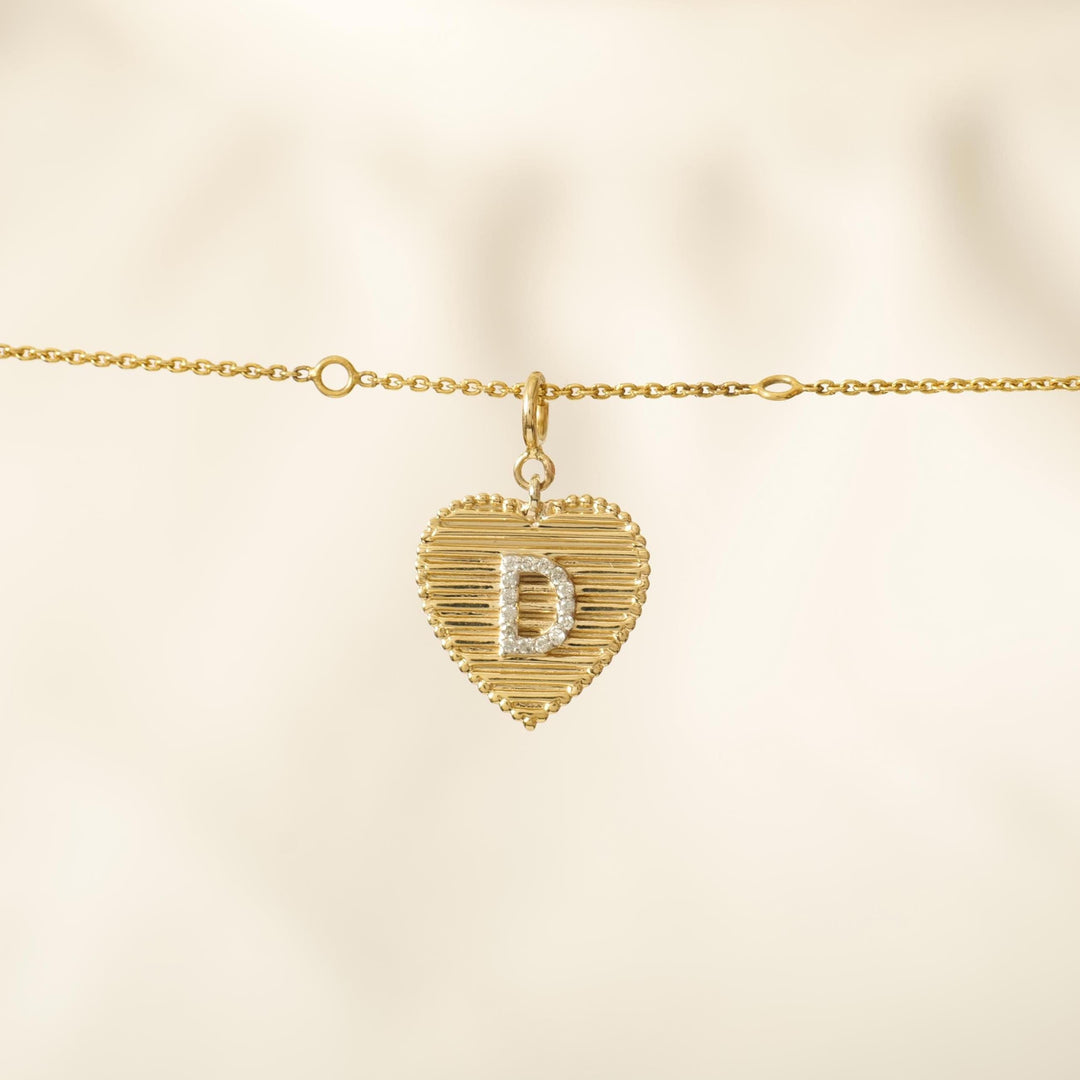 Heart Initial Diamond Charm, 14k Solid Gold, Natural Diamond, Everyday Staking Personalised Jewelry, Textured Letter Necklace, Ready To Ship