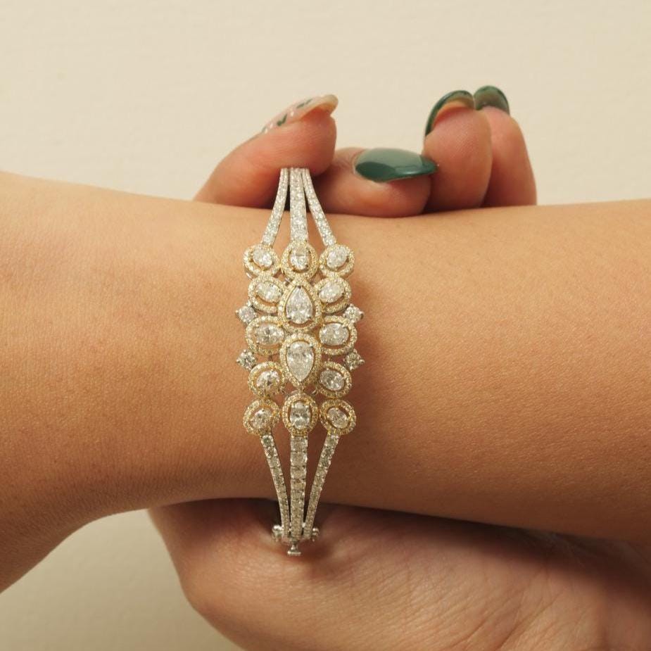 Floral Cluster Diamond Bracelet, 14k Solid Gold, Fancy Natural Diamonds, Halo Cocktail Bangle, Bold Statement Bracelet, Bridal Cuff Jewelry