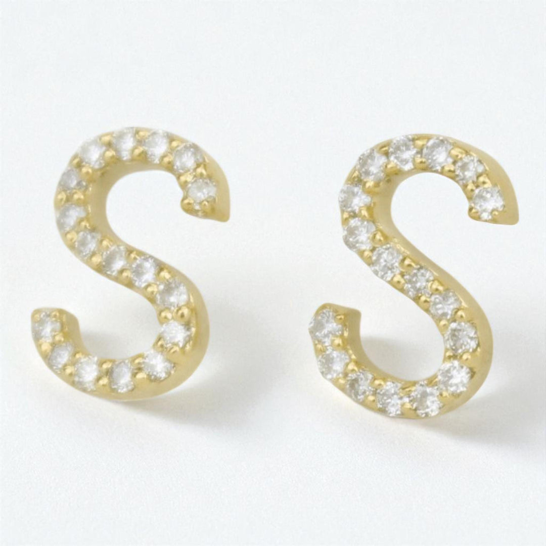 S-Initial Stud Earrings, 14K Solid Gold, Natural Diamond Letter Earrings, Gift for Her, Monogram Personalized Jewelry, Custom Pave Studs