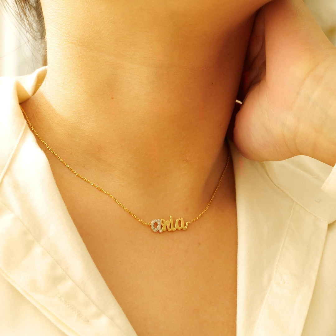 Personalized Name Diamond Necklace, 14k Solid Gold, Natural Diamonds, Custom Letter Jewelry, Minimalist Two Tone Necklace, Stacking Jewelry
