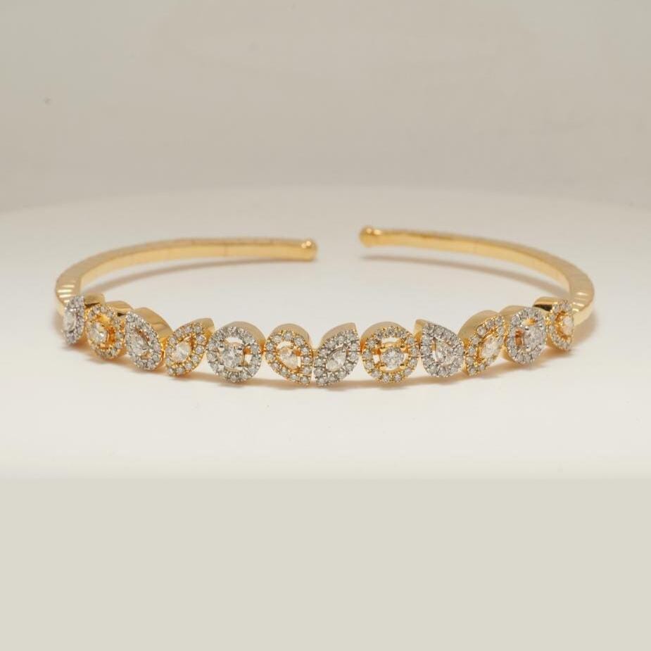 Pear & Marquise Cuff Diamond Bracelet, 14k Solid Gold, Natural Diamonds, Halo Statement Bangle, Stackable Open Bridal Cocktail Jewelry