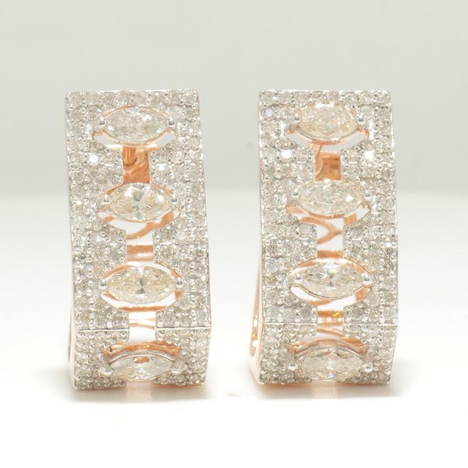 Marquise Diamond Huggie Earrings, 14k Solid Gold,  Natural Diamonds, Halo Cocktail Jewelry, Geometric Statement Earrings, Wedding Huggies