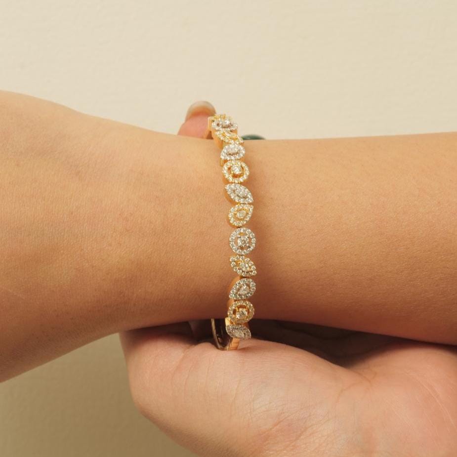 Pear & Marquise Cuff Diamond Bracelet, 14k Solid Gold, Natural Diamonds, Halo Statement Bangle, Stackable Open Bridal Cocktail Jewelry