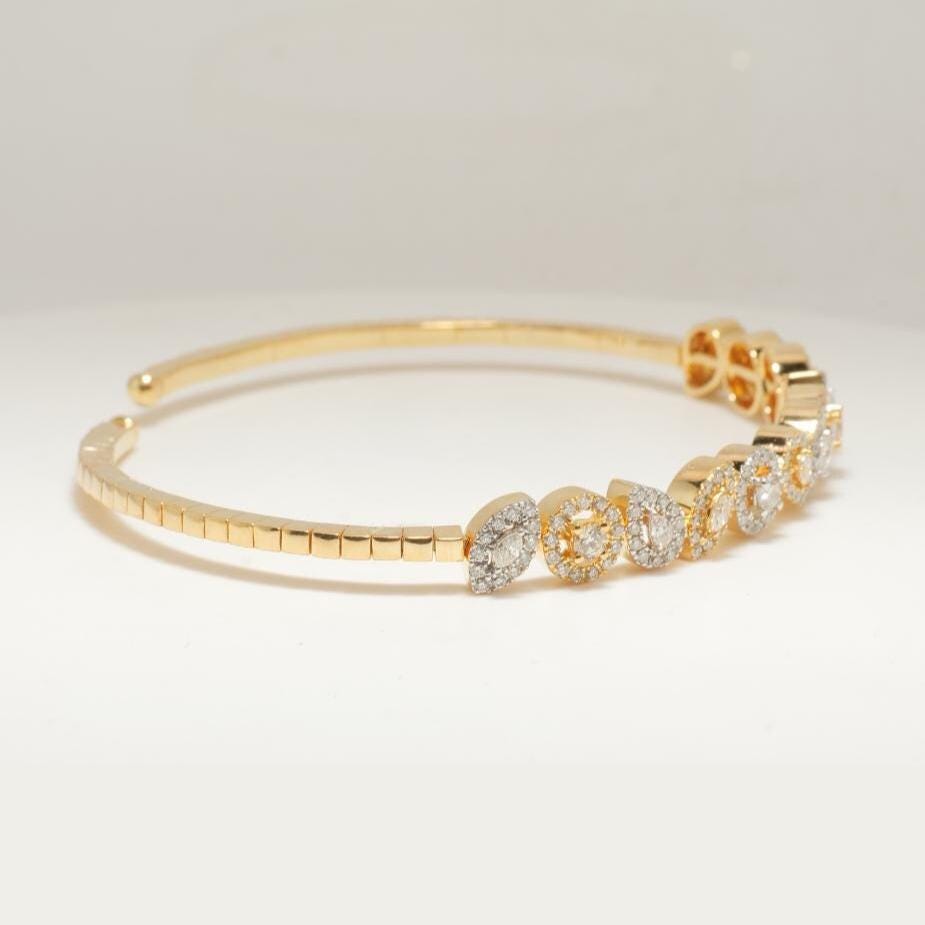 Pear & Marquise Cuff Diamond Bracelet, 14k Solid Gold, Natural Diamonds, Halo Statement Bangle, Stackable Open Bridal Cocktail Jewelry