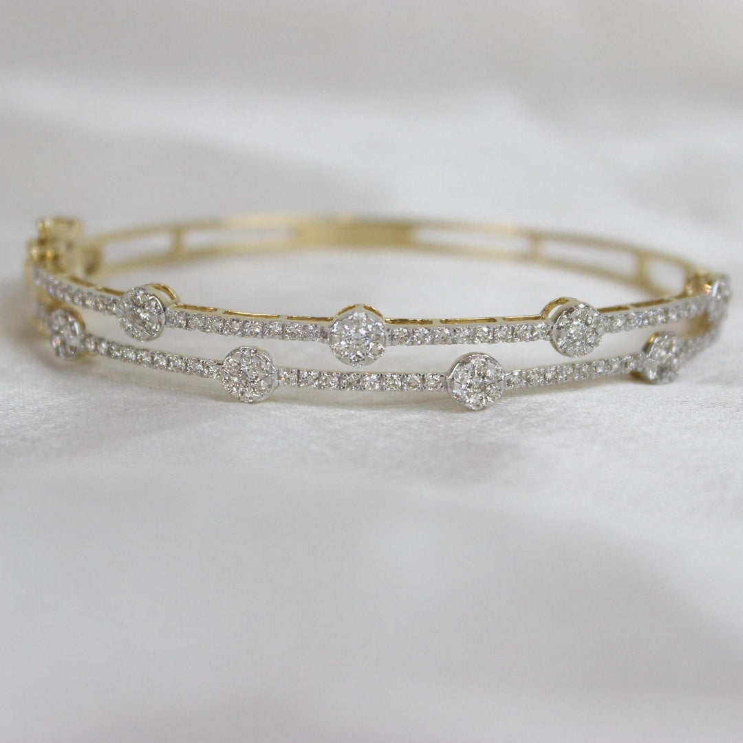 Dual Line Diamond Cuff Bracelet, 14k Solid Gold, Natural Diamonds, Cluster Illusion Bangle, Stackable Jewelry, Statement Bridal Cuff