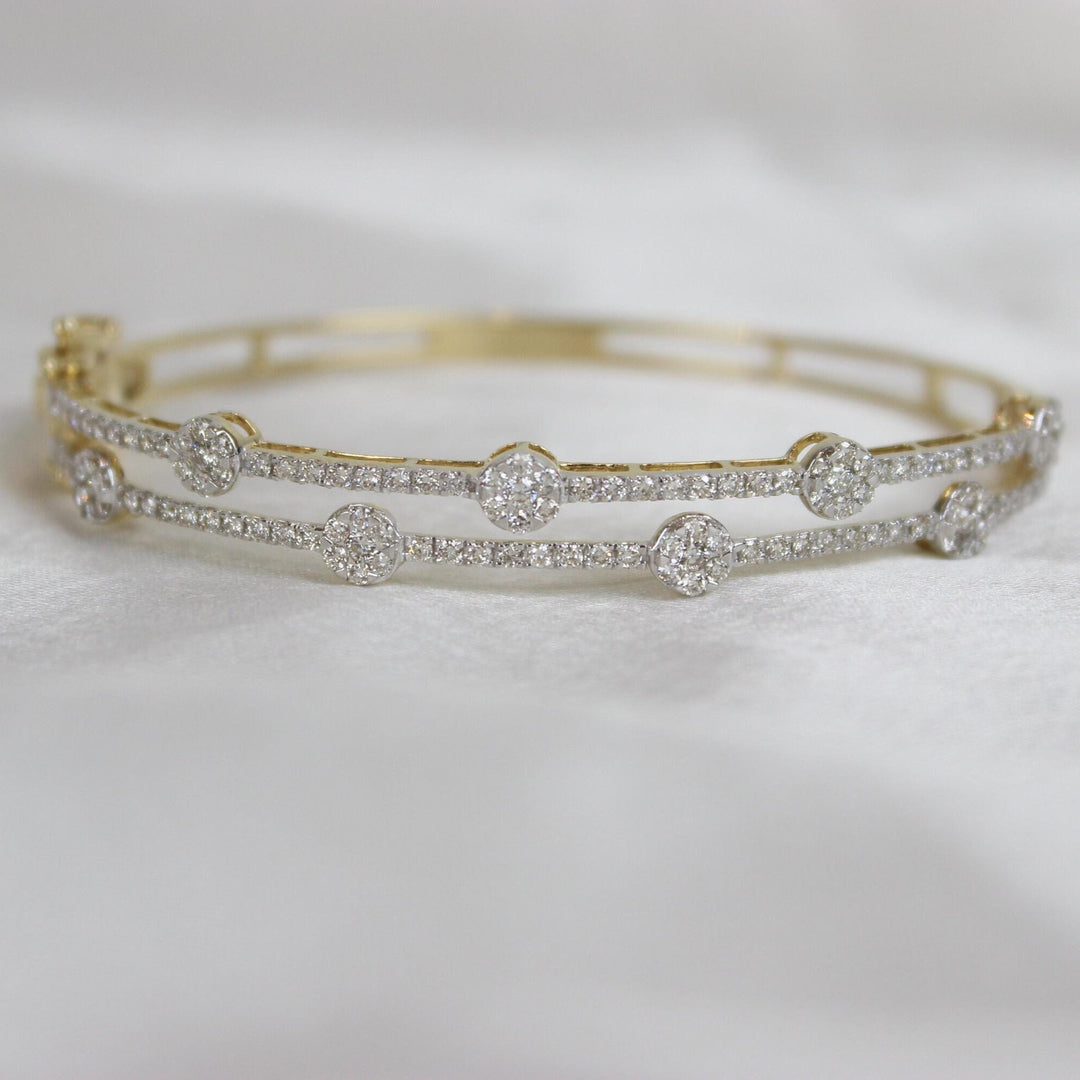 Dual Line Diamond Cuff Bracelet, 14k Solid Gold, Natural Diamonds, Cluster Illusion Bangle, Stackable Jewelry, Statement Bridal Cuff