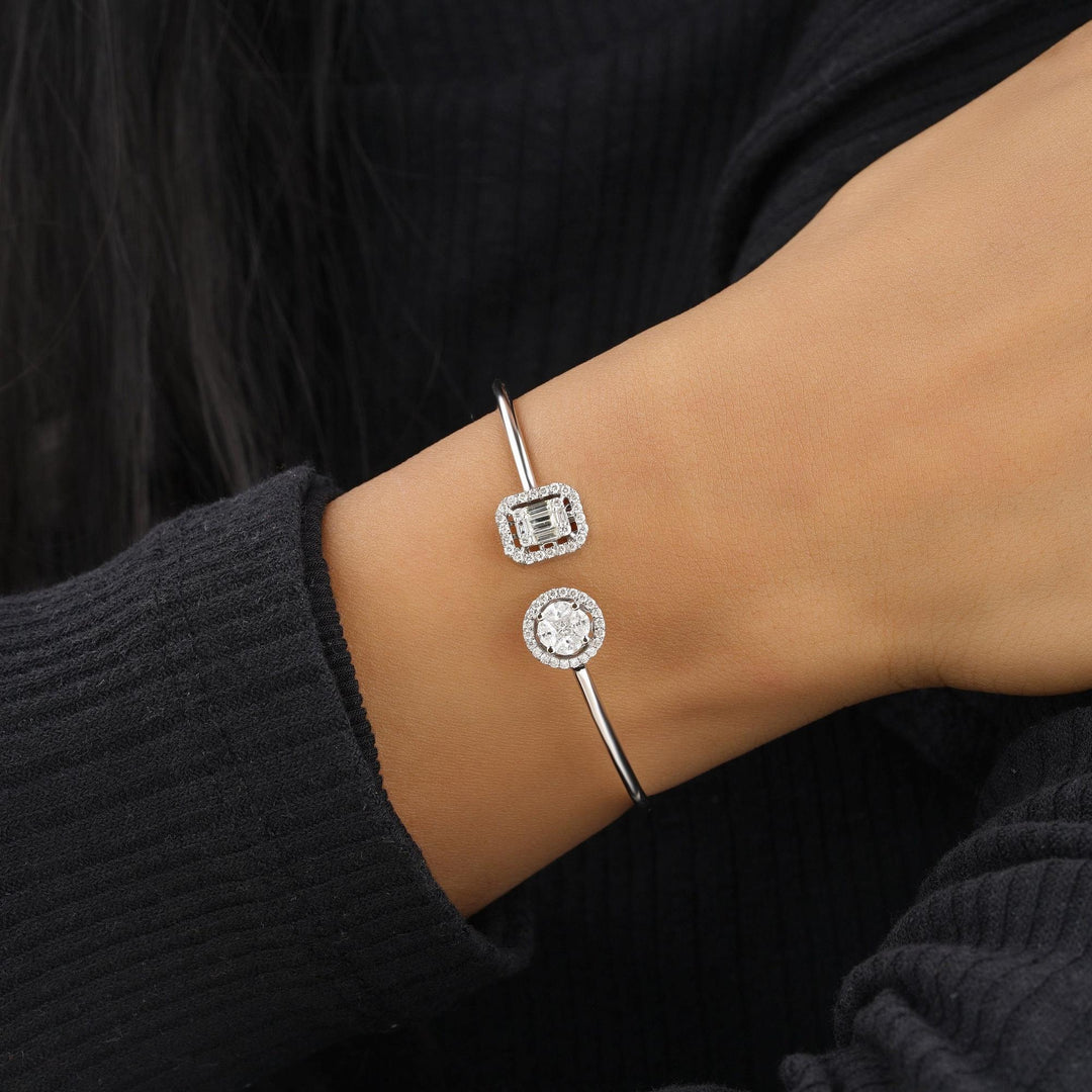 Open Halo Natural Diamond Open Cuff Minimalistic Bracelet: 14k Solid Gold Geometric Stacking Jewellery, Certified Jewelry