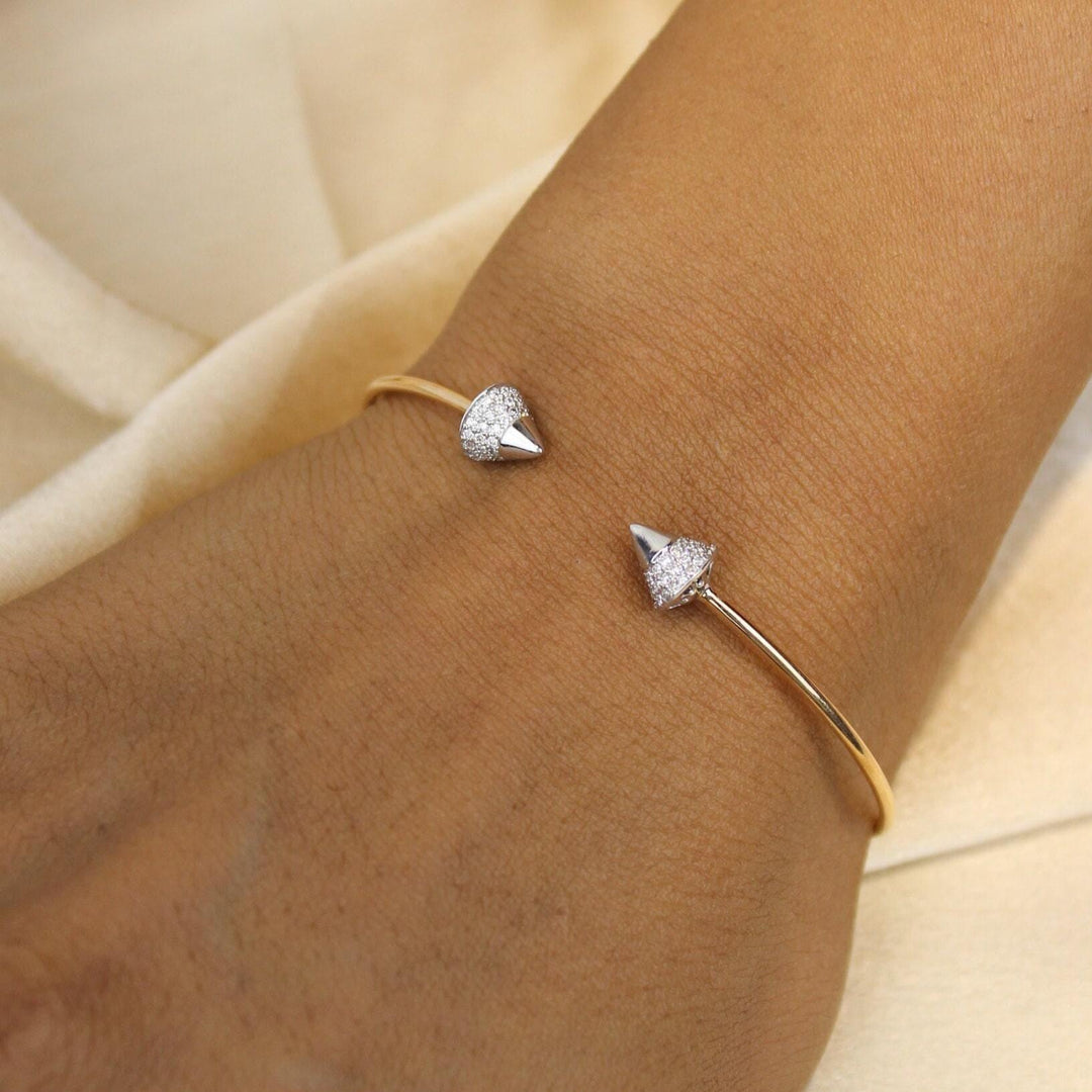 Cone End Diamond Bracelet, 14K Solid Gold, Natural Diamonds, Dual Tone Open Cuff, Geometric Statement Bracelet, Minimalist Stacking Jewelry