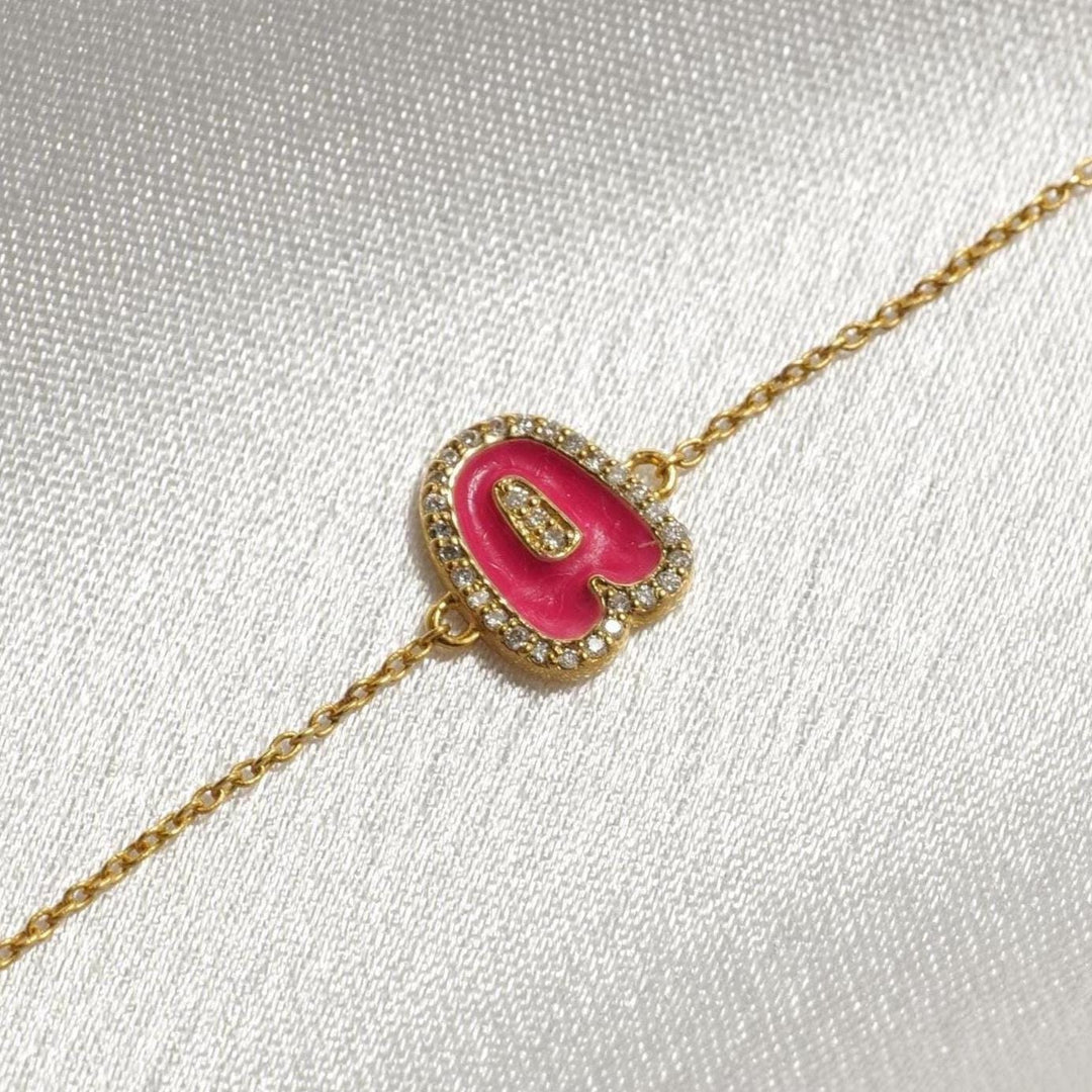 Personalized Initial Halo Diamond Enamel Bracelet, 14k Solid Gold Chain, Natural Diamond, Stacking Custom Chain, Minimalist Everyday Jewelry