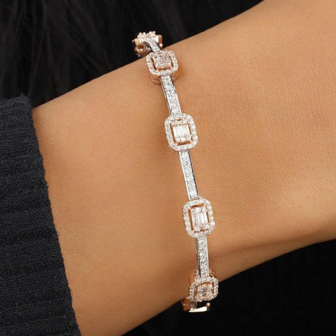 Emerald Cut Halo Diamond Bangle Bracelet, 14k Solid Gold, Natural Diamonds, Two Toned Illusion Setting Bracelet, Stackable Bridal Bracelet