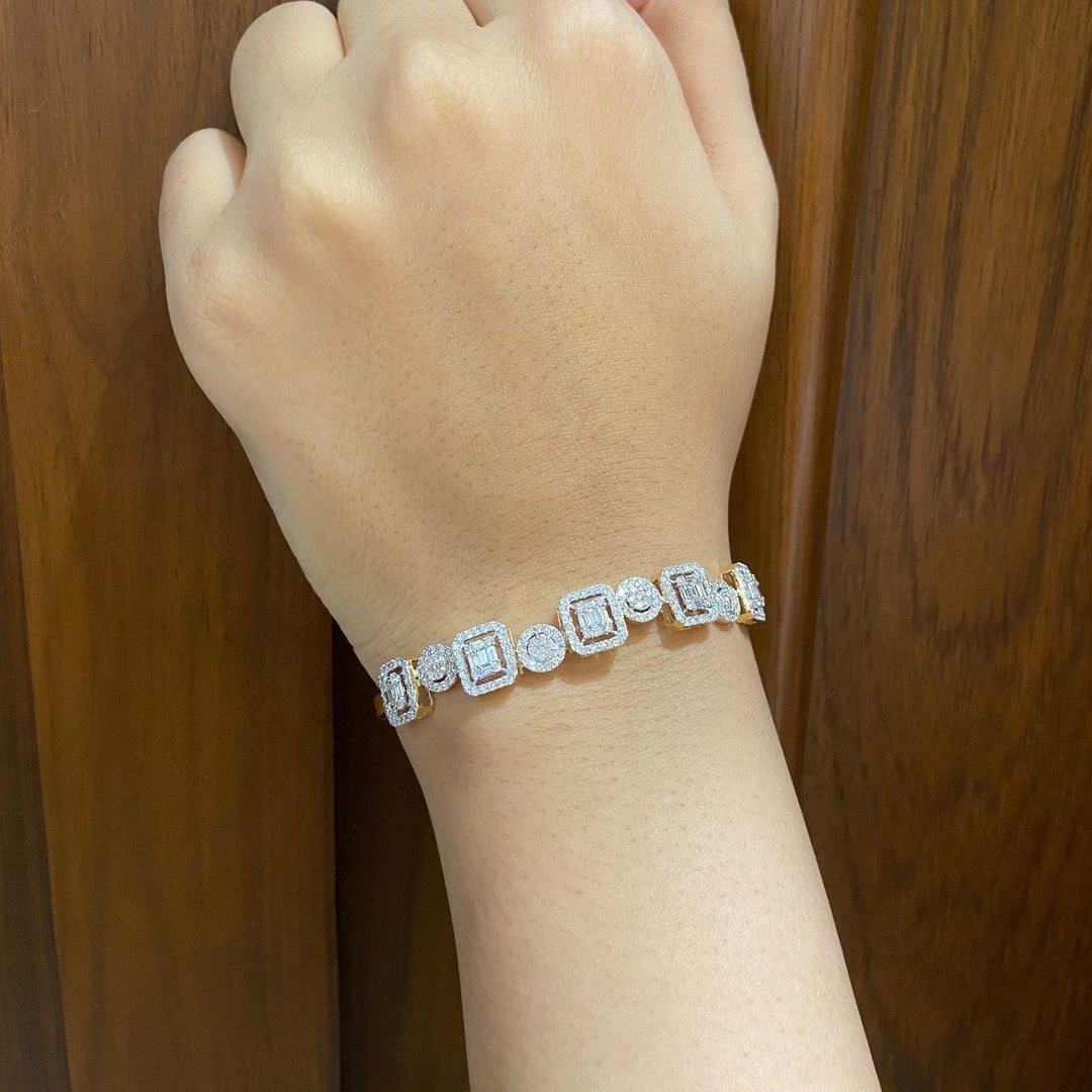 Round and Square Halo Set Bracelet, 14k Solid Gold, Natural Diamonds, Bold Statement Cluster Bangle, Stackable Wedding Jewelry