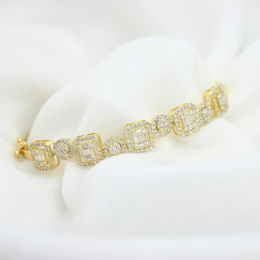 Round and Square Halo Set Bracelet, 14k Solid Gold, Natural Diamonds, Bold Statement Cluster Bangle, Stackable Wedding Jewelry