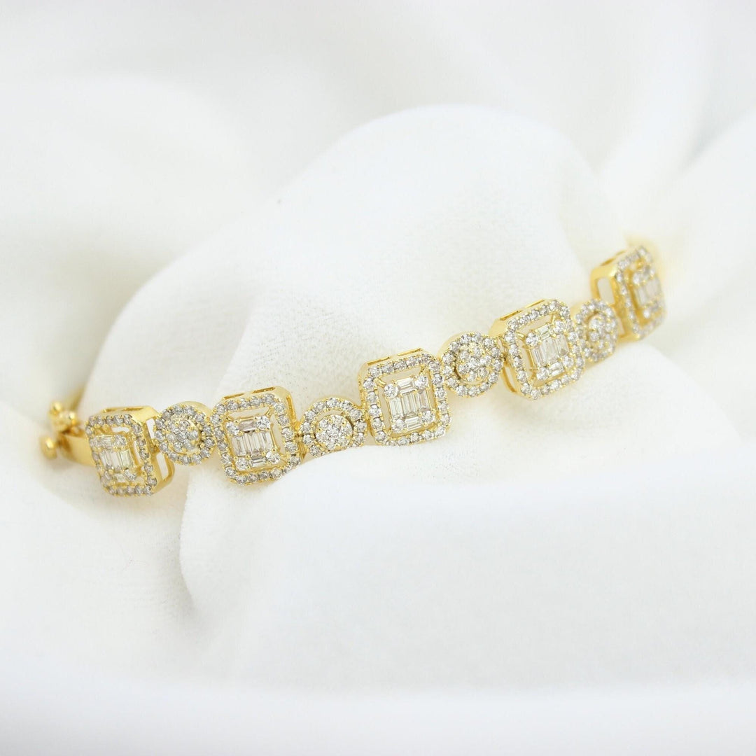 Round and Square Halo Set Bracelet, 14k Solid Gold, Natural Diamonds, Bold Statement Cluster Bangle, Stackable Wedding Jewelry