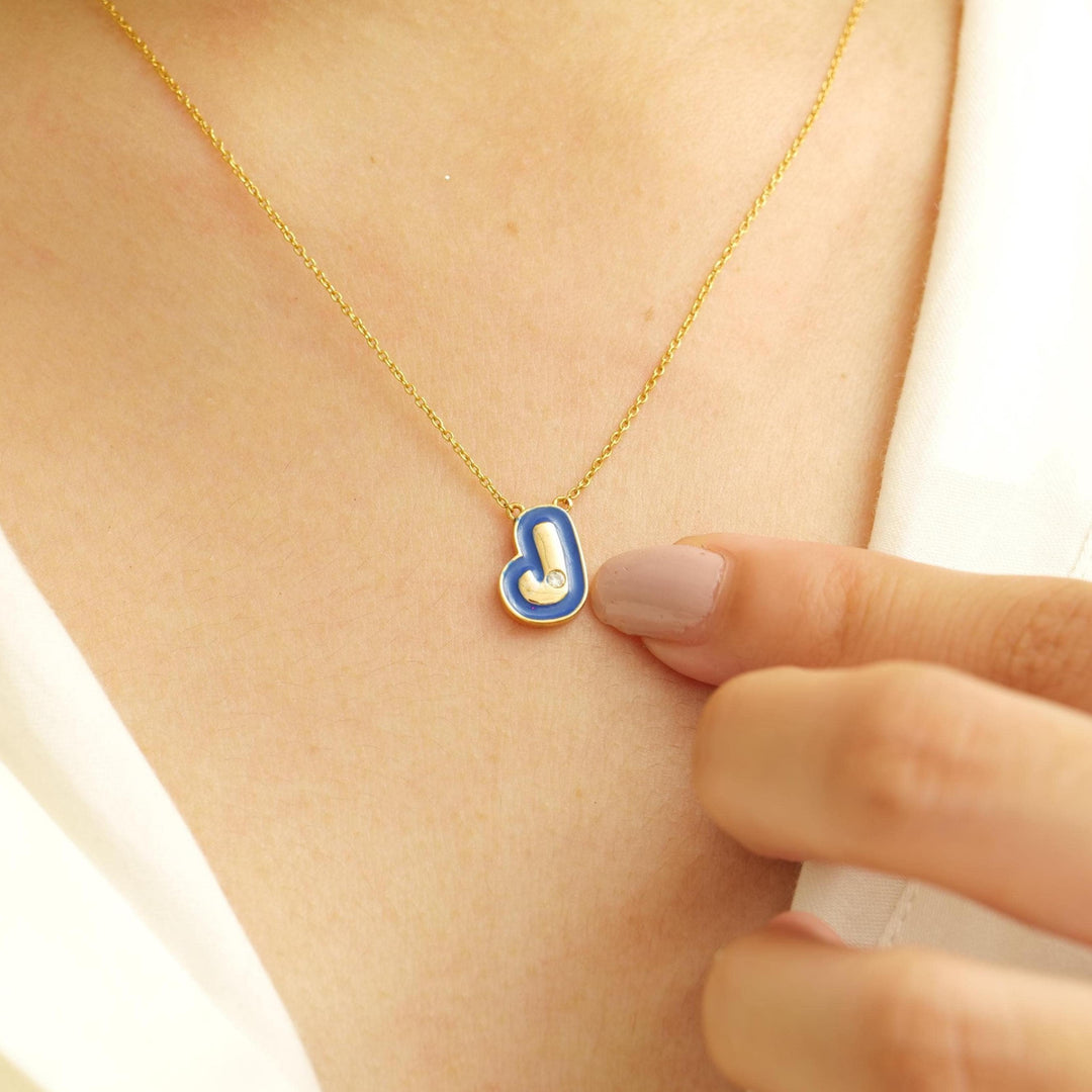 Personalized Initial Enamel Pendant Necklace, 14k Solid Gold, Natural Diamonds, Bubble Minimalist Letter, Custom Everyday Jewelry