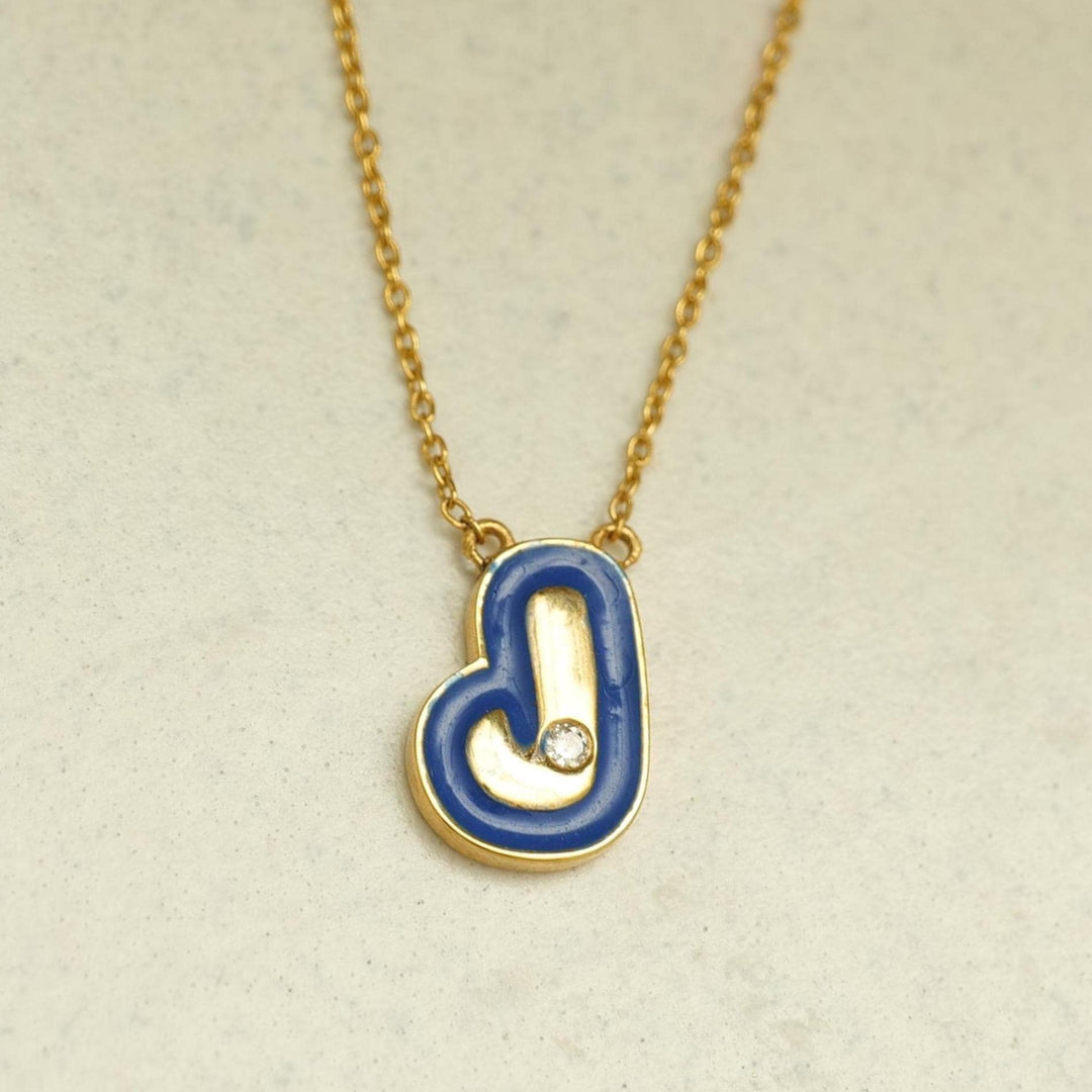 Personalized Initial Enamel Pendant Necklace, 14k Solid Gold, Natural Diamonds, Bubble Minimalist Letter, Custom Everyday Jewelry