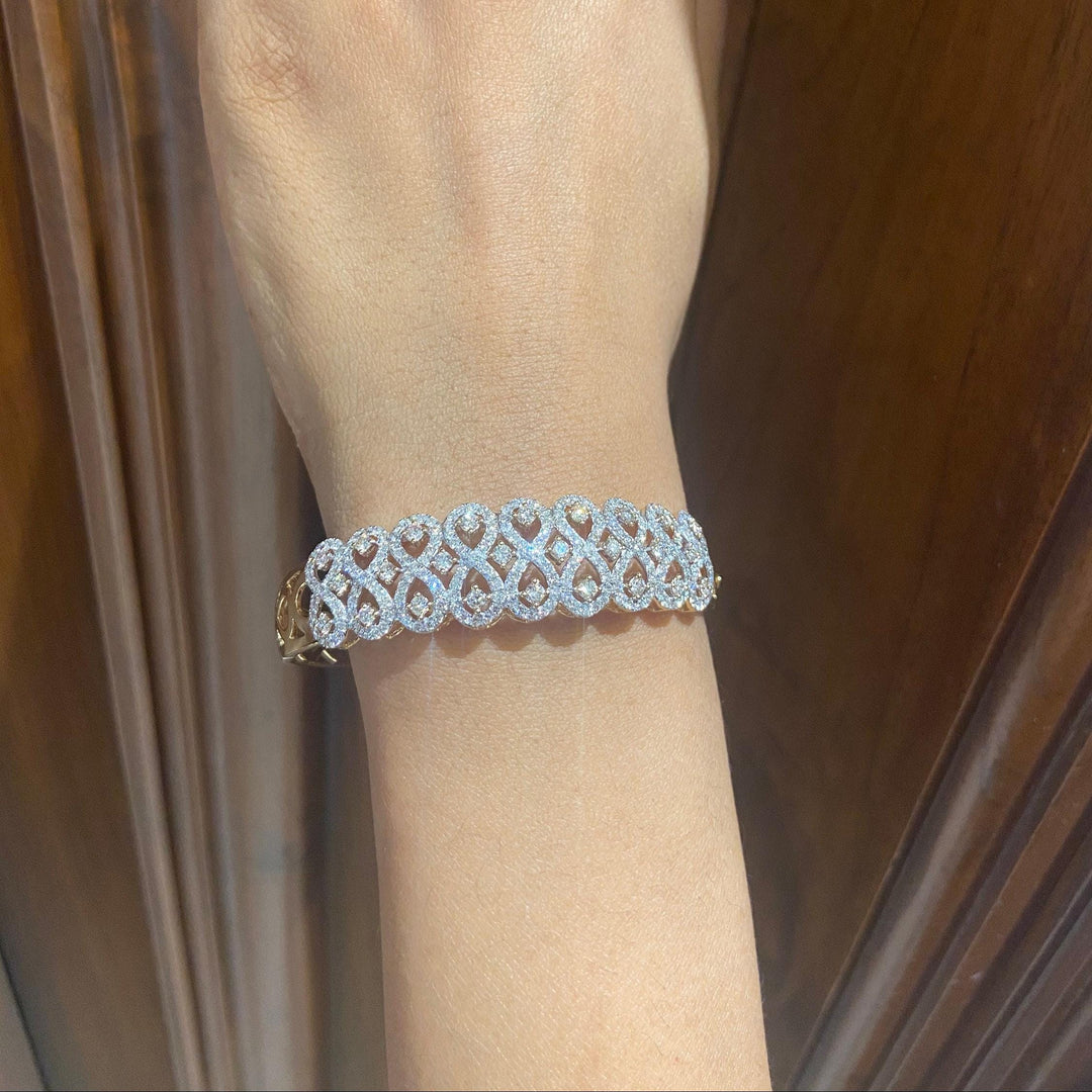 Infinity Natural Diamond Wide Bridal Bangle Bracelet: 14k Solid Gold Cluster Wedding Jewellery, Certified Jewelry