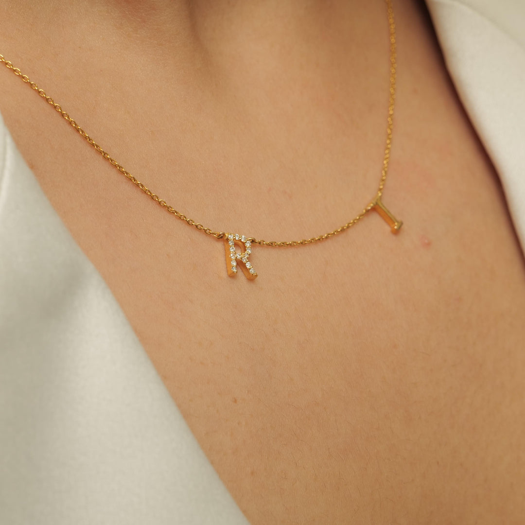 Personalized Initials Charm Diamond Necklace, 14k Solid Gold, Natural Diamonds, Stacking Customized Necklace, Minimalist Everyday Jewelry